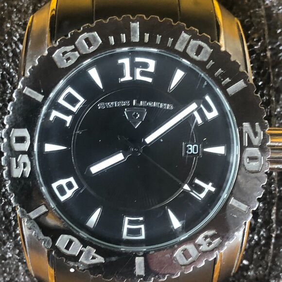 Men's Swiss Legend Commander Quartz Black Dial Diver Watch 316L Steel No box - Picture 4 of 12